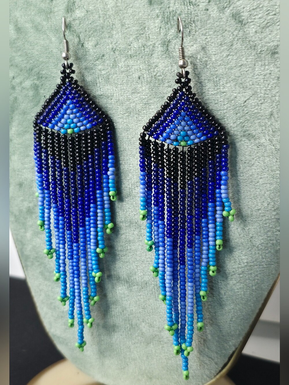 Handmade Beaded Fringe Earrings Blue Black Boho Dangle Seed Bead Chandelier